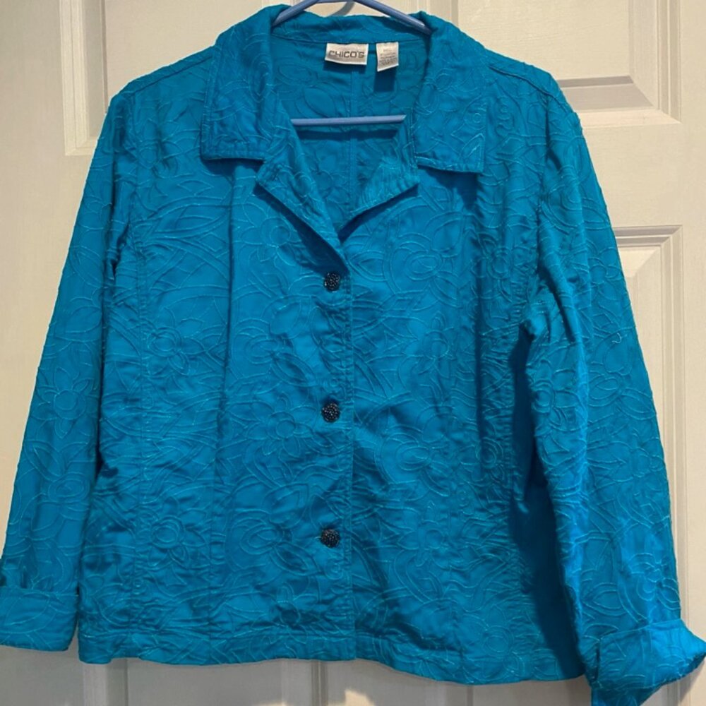 Chico's Blue Cotton Brocade Design Button-down Blazer w 4 Metal Buttons Sz 2 *